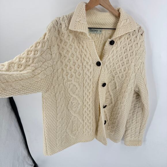 Vintage Blarney Woolen Mills Cream Cable Knit Cardigan 100% Merino Wool Size XL - Picture 4 of 9